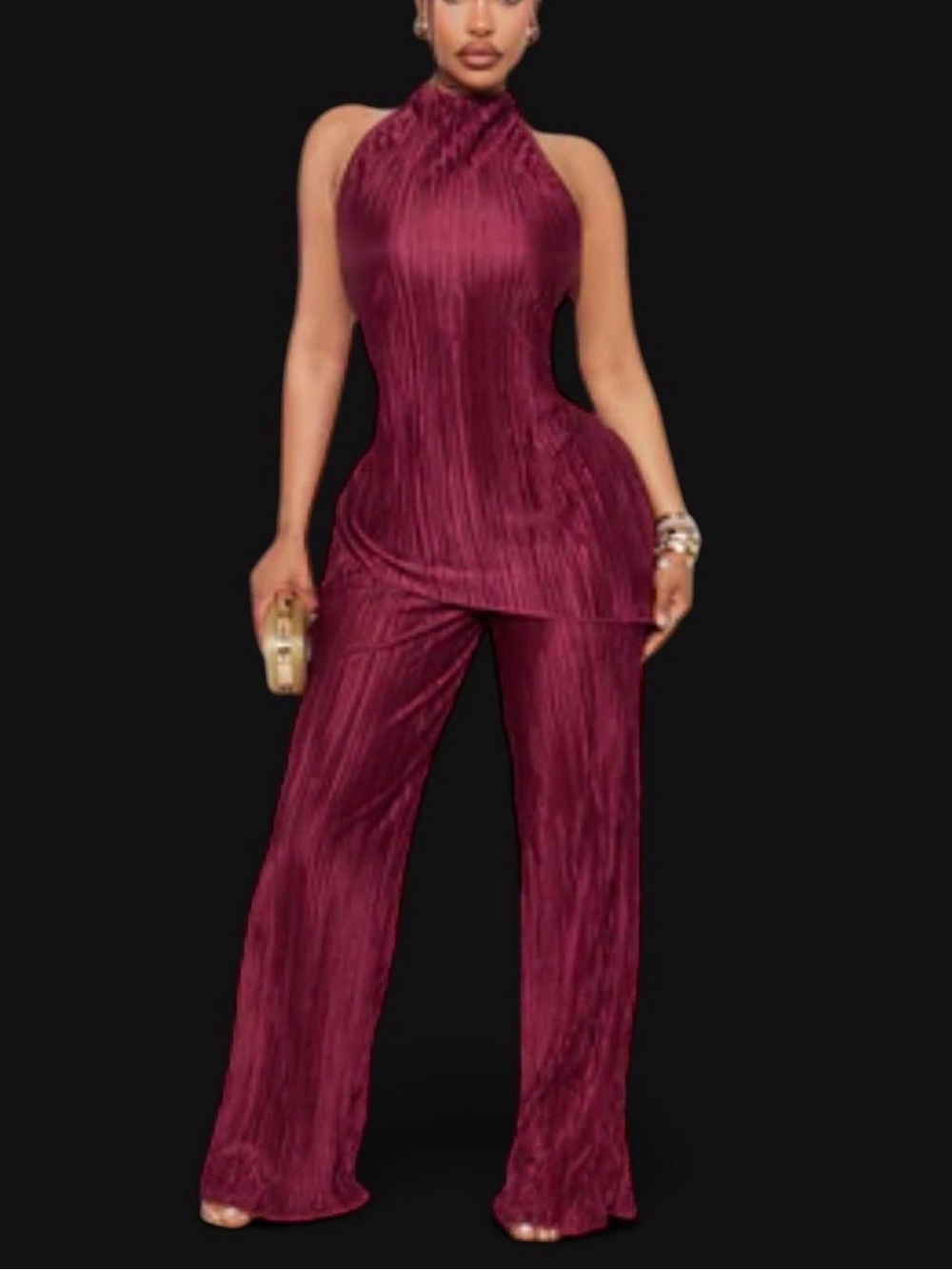 Sleeveless Halter Wide-Leg two piece set - Burgundy